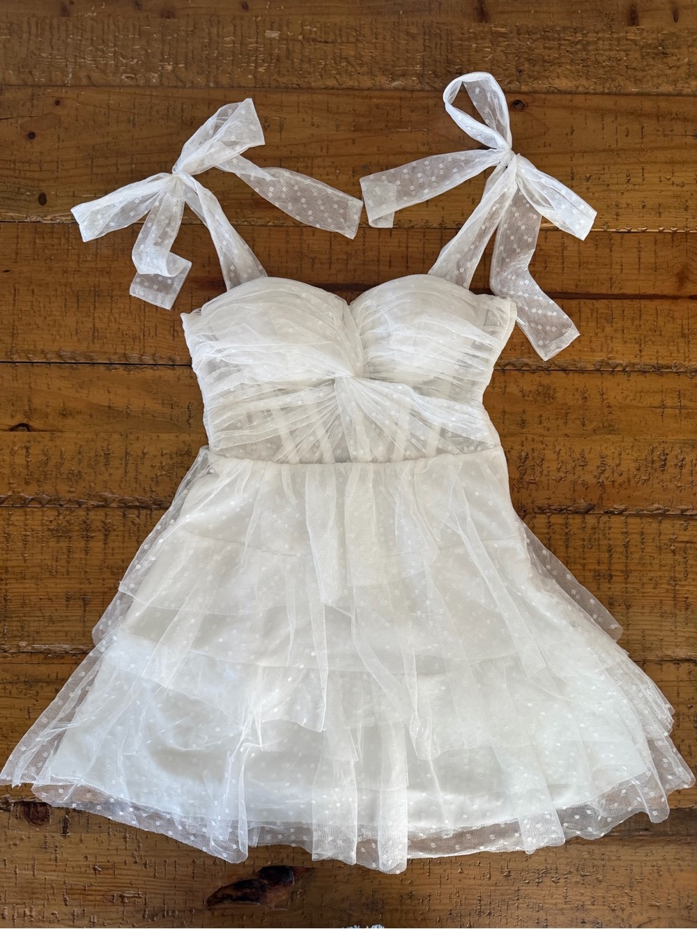 Semi & Cade White Tiered Dot Mesh Mini Dress with Tie Straps - Picture 3 of 6